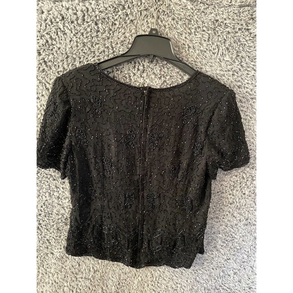 Black Evening Top - Beaded - 100% PURE SILK SIZE M -Mark and John By Gopal - Picture 3 of 4